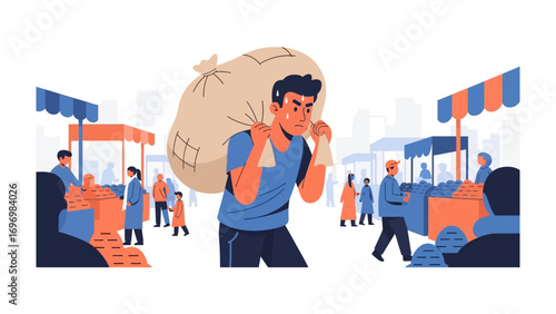 The Burden: A depiction of a man carrying a heavy sack, navigating a bustling market, embodying the struggles and resilience in daily life. 