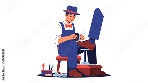 Shoe Shine Professional at Work: An illustrator capture a moment of a dedicated craftsman focused on his work with shoe care. 