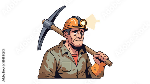 Weary Miner's Vigil: An illustration of a focused miner carrying his tools, embodying the resilience and hard work of the profession. 
