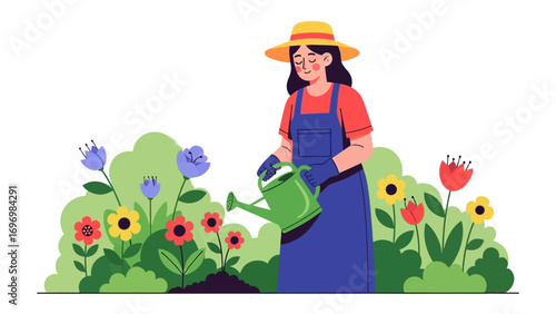 Garden of Growth: A vibrant illustration of a woman tending to a flourishing garden, nurturing a colorful array of blooms with care, highlighting the joy of gardening and the beauty of growth.