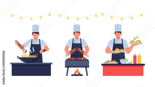 Culinary Mastery: A chef meticulously prepares a variety of dishes, showcasing skill and precision in the art of cooking. 