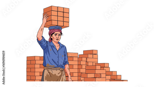 The Laborer's Burden: A determined worker bears a heavy load of bricks on his head, a visual representation of manual labor and building.