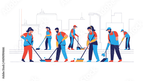 Cleaning Crew in Action: A dedicated group of sanitation workers diligently cleans a city street, contributing to the upkeep of urban public space.