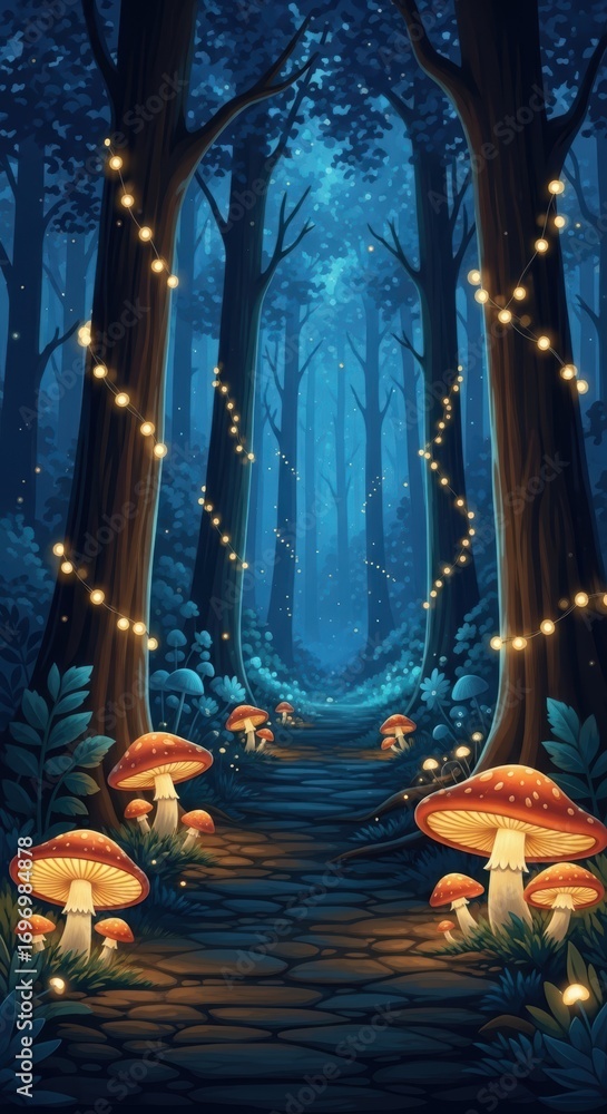 Fototapeta premium Enchanted forest pathway with glowing mushrooms and string lights