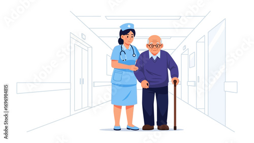 Compassionate Care: A devoted nurse assists an elderly person as they walk down a hallway. The scene evokes a sense of trust, empathy, and dedication within a healthcare setting.