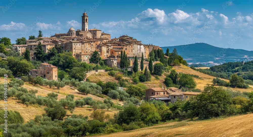 Fototapeta premium Summer Panorama of Montepulciano: A Medieval Village in the Heart of Tuscany, Italy