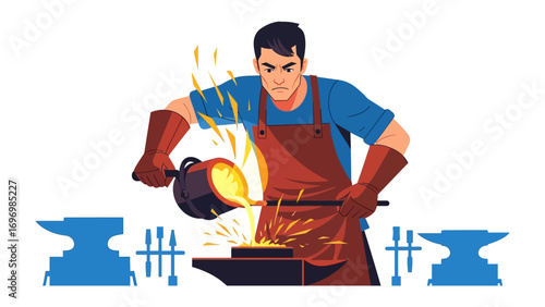 Crafting Metal: A skilled artisan pouring molten metal onto an anvil, focused on the fiery process, showcasing the raw power of industry and craftsmanship.