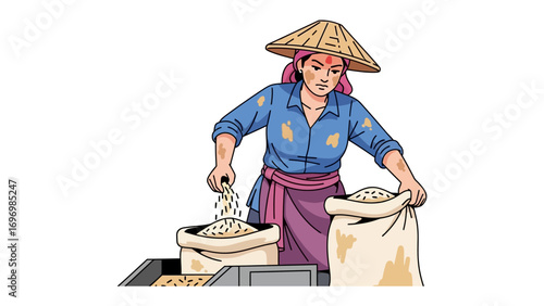 A Farmer Sowing Rice: A farmer, adorned in traditional attire, meticulously sows rice.