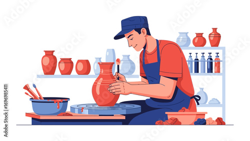 Artisan's Craft: A focused artisan, meticulously shaping clay on a pottery wheel in a vibrant, illustrated studio environment, symbolizing dedication to creative expression and the art of ceramics.