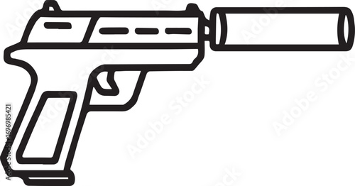 Handgun with Suppressor – Minimalist Line Art for Firearm Identification