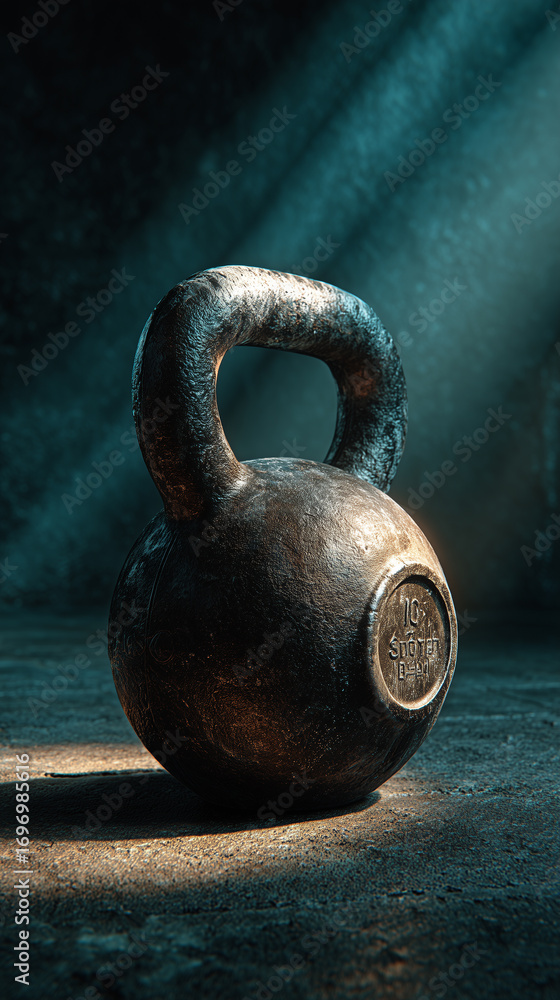 Obraz premium Solidny, stary kettlebell na podłodze siłowni, oświetlony mocnym światłem. Widoczne są zarysowania, rdzawa faktura i masywna konstrukcja.