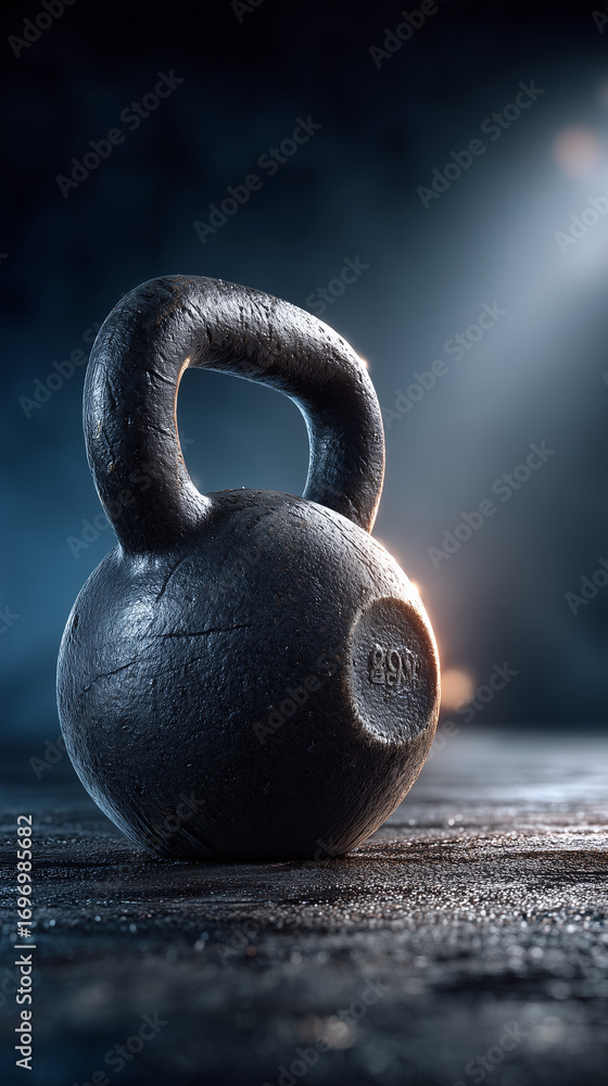 Fototapeta premium Duży, żeliwny kettlebell w zbliżeniu na tle ciemnej siłowni, oświetlony mocnym światłem. Widoczne są detale i zarysowana faktura.