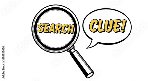 Cartoon Magnifying Glass with "Search" and Speech Bubble with "Clue!"