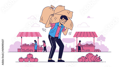 Hardworking Vendor: An illustration capturing a vendor carrying heavy sacks of produce in a vibrant marketplace, reflecting a sense of hustle and commitment.