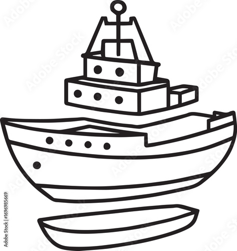 Cruise Ship and Tender Boat – Minimalist Line Art for Maritime Illustration