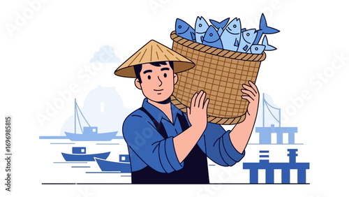 Fisherman's Bounty: A diligent fisherman carries a full basket of freshly caught fish at the dock, embodying the essence of a bountiful day's work. A tribute to the marine harvest.