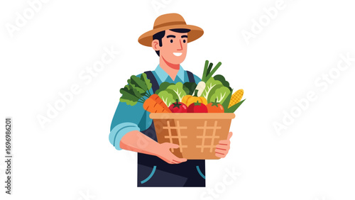Harvest Bounty: An illustration of a cheerful farmer, bearing a wicker basket overflowing with fresh produce. He embodies the spirit of sustainable agriculture and wholesome food.