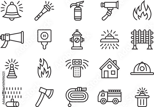Essential Fire Safety Emergency Icons Set with Alarm, Hydrant, Firefighter Tools, Extinguisher, Hose, Protection Equipment and Rescue Elements