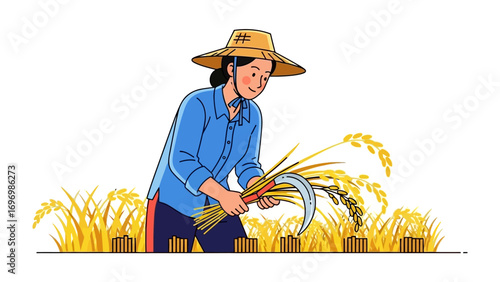 Golden Harvest: A farmer, adorned in a straw hat, diligently harvests golden grains, embodying the essence of agricultural diligence and rural livelihood.