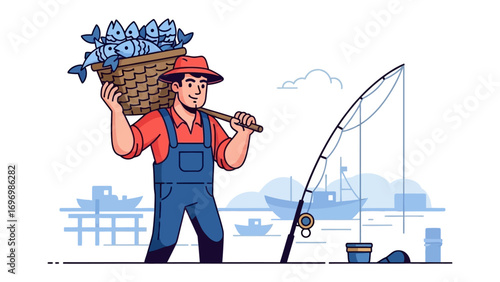 Fisherman's Bounty: A skilled fisherman, with his trusty hat and determined gaze, proudly carries a basket brimming with fresh catches, while another fishing rod cast into the calm waters nearby.