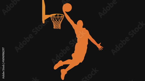 Dynamic basketball player silhouette scoring a slam dunk with incredible athletic skill and energy on black