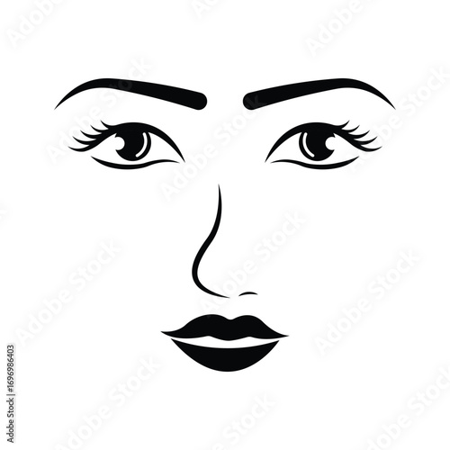 Beautiful young woman face close up. Girl eyes with nose and lips icon. Fashion model face, black and white vector illustration.