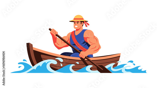 Rowing in Rhythm: A determined individual propels a wooden boat through the waves, capturing the essence of solitary exploration and the raw power of nature. 