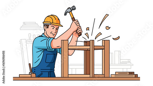 Crafting Expertise: A skilled carpenter focused on constructing a wooden piece with meticulous precision, capturing the dedication and artistry inherent in traditional woodworking.
