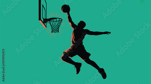 Dynamic basketball player silhouette soaring for slam dunk against vibrant teal backdrop, sports action illustration