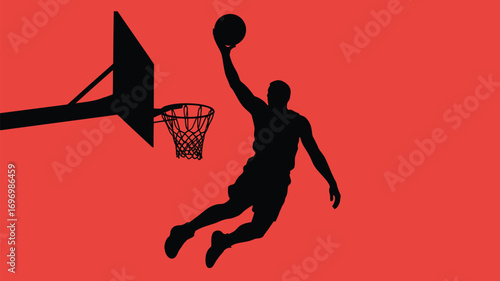 Dynamic basketball player silhouette soaring for powerful slam dunk on red background for sports marketing