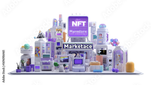 Pastel-toned 3D city of NFT marketplace