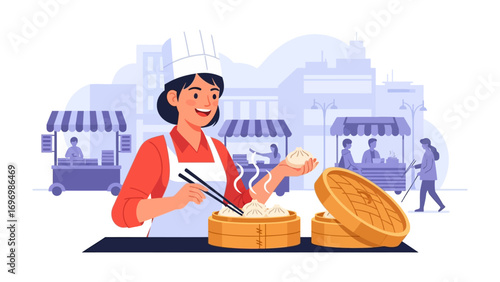 Culinary Artisan: A skilled female chef at an outdoor food stall, prepares fresh dumplings with chopsticks from a traditional bamboo steamer basket. Showcasing culinary art.