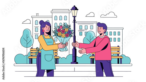 A Gift of Beauty: In a quaint urban scene, a young woman proffers a vibrant bouquet to a recipient, the delicate floral arrangement radiates joy and love