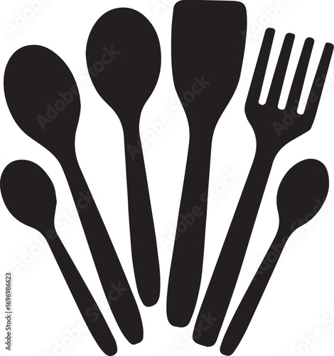 Kitchen Utensil Silhouette Set – Black & White Fan Arrangement Vector