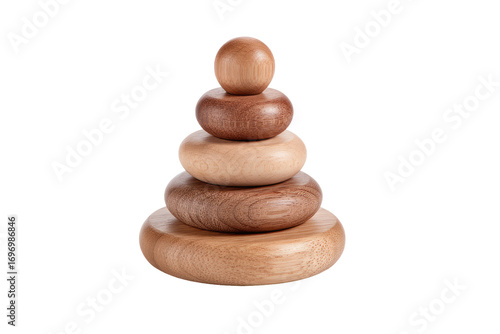 Stacked wooden discs, a natural tone, form a pyramid