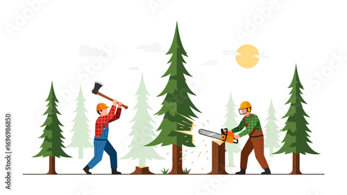 Lumberjacks in Action: A dynamic illustration of two skilled lumberjacks, one wielding an axe and the other a chainsaw, engaged in the act of felling trees in a forest setting.