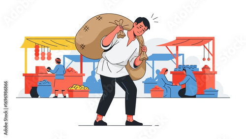 Burdened in the Marketplace: A weary figure struggles with a heavy sack, navigating a bustling marketplace filled with vibrant stalls. Capturing the essence of labor and daily life.