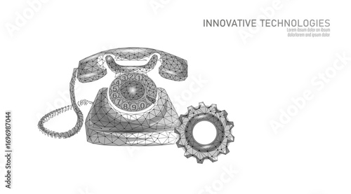 Vintage phone gear illustration. Retro telephone mechanism lowpoly design. Communication technology business concept. Wireframe style white background vector