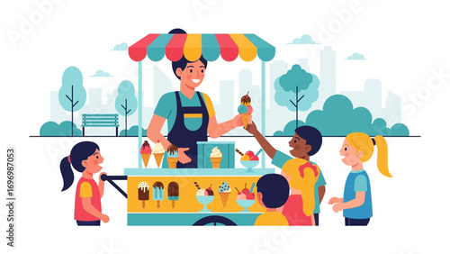 Joyful Ice Cream Gathering: The image showcases a friendly vendor serving ice cream to a group of happy children in a colorful park setting, conveying summer bliss and shared joy.