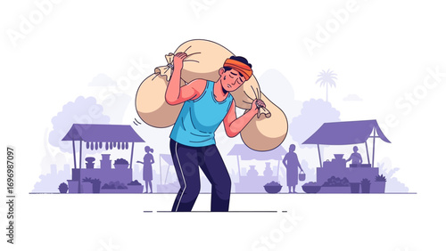 Labor of Harvest: A farmer shoulders a heavy burden of sacks filled with the fruits of labor, a symbol of dedication in the agricultural landscape.