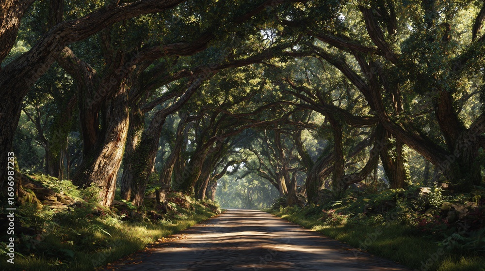 Fototapeta premium Sunlit path through a towering oak forest