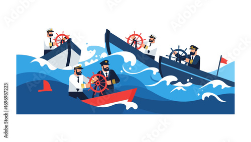 Naval Illustration: A group of disciplined, skilled, and experienced naval officers navigating ships, braving the rough sea and navigating turbulent waters