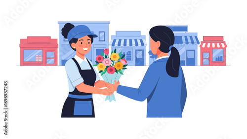 Florist Offering Floral Bouquet: A friendly florist hands over a vibrant bouquet of flowers to a delighted customer, set against the backdrop of a charming shop-lined street.