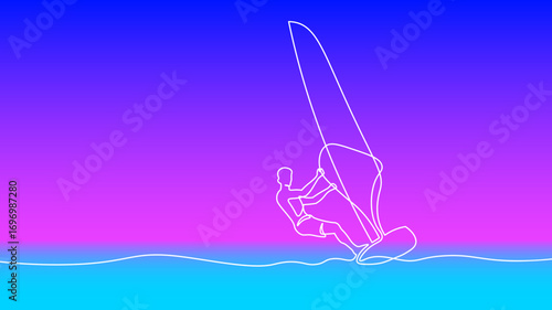 Windsurfer one line drawing concept. Continuous line watersport sailing surfing extreme sport art. Travel adventure lifestyle. Purple cyan background white vector illustration