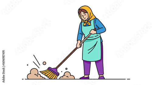 Cleanliness in Action: An illustration captures a domestic worker meticulously sweeping, presenting a symbol of cleanliness and meticulousness.