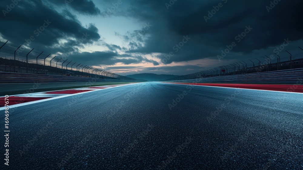 Obraz premium Empty racing track at dusk under a cloudy sky.