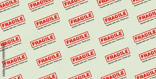 Fragile label, sticker, sign.  Seamless pattern background. Fragile packaging concept.  Fragile, handle with care. Sustainable packaging. Warning label. Transportation sticker design