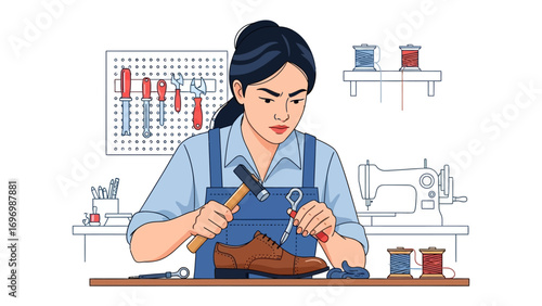 Craftswoman's Skill: The artisan is intently focused on repairing a leather shoe in this vector illustration, showcasing the delicate precision of shoemaking and a dedicated work ethic.