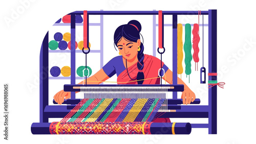 Weaver at Work: A dedicated weaver, immersed in the craft, meticulously works a loom. This art form showcases a vibrant textile tradition, with rich hues and patterns that speak of heritage and skill.