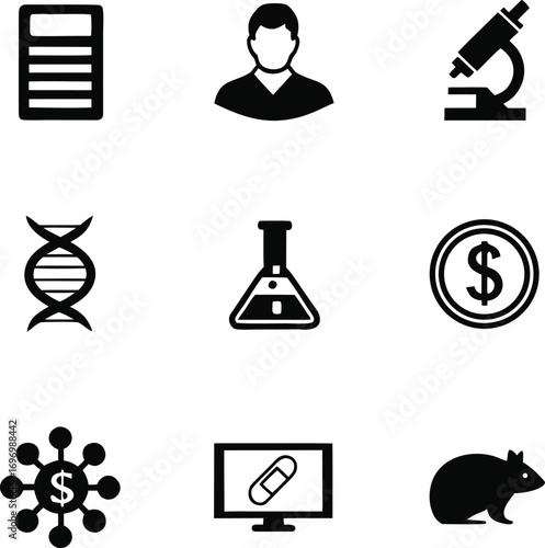 biotechnology, and, pharmaceutical, research, and, development, icons, with, symbols, for, laboratory, science, and, investment, vector